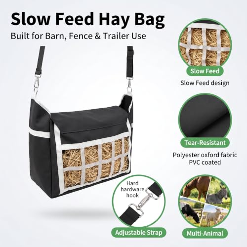 Slow Feed Hay Bag for Horses Sheep Goat Cattle Donkey, 300D Waterproof PVC Oxford Slow Feeder with Adjustable Straps, Small Hole Hay Sack Cut Waste for Barn Stall Fence Horse Trailer, Black 1 Pack