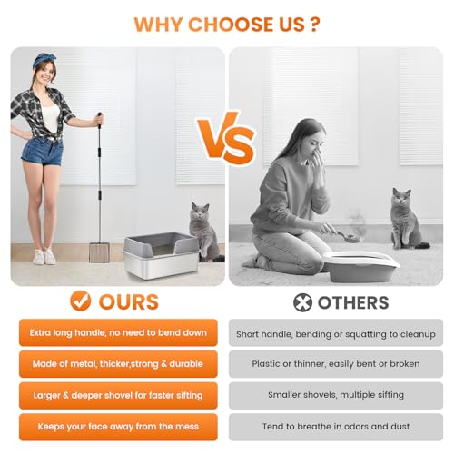 Cat Litter Scoop 43 inch Metal Litter Scooper with Stainless Steel Long Handle, Upgraded Large Kitty Box Scooper Heavy Duty Deep Shovel for Fast Sifting, Dog Waste Scooops for Outside Pet Poop - size: Long Handle-Upgraded