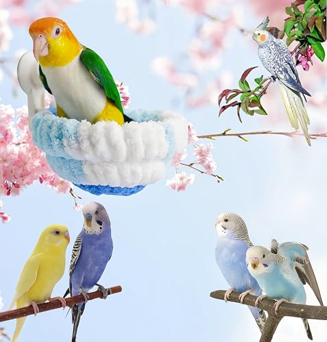 Warm Bird Nest Bed with Suction Cup Bird Snuggle Hut Breeding Bird House Plush Hanging Bird Bed for Parakeet, Conure, Budgie, Cockatiel, Lovebird, Finch, Hamster-Blue - color: Blue with Suction Cup