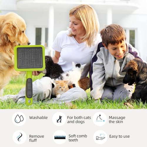 Green Self Cleaning Slicker Brush for Dogs&Cats for Shedding | Skin-Friendly,Bead-Tipped Metal Comb Teeth,TPR Overmolded Handle,Dog Brush for Shedding,Gentle Remove Loose Hair Tangles