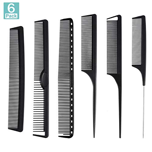 6 Pieces Carbon Fiber Hair Combs Set, General Styling Grooming Combs, Anti Static Heat Resistant Hairdressing Comb, Fine and Wide Tooth Hair Barber Rat Tail Comb - color: Black - 6PCS Carbon Fiber