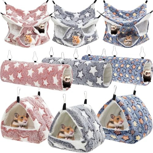 Abbylike 9 Pieces Rat Hammock 3 Tier Guinea Pig Ferret Hammocks Small Pet Hanging Tunnel Glider Toy Guinea Pig Ferret Hideout Bed Cage Accessories for Hamster(Navy,Grey,Pink,Star) - color: Navy,Grey,Pink,