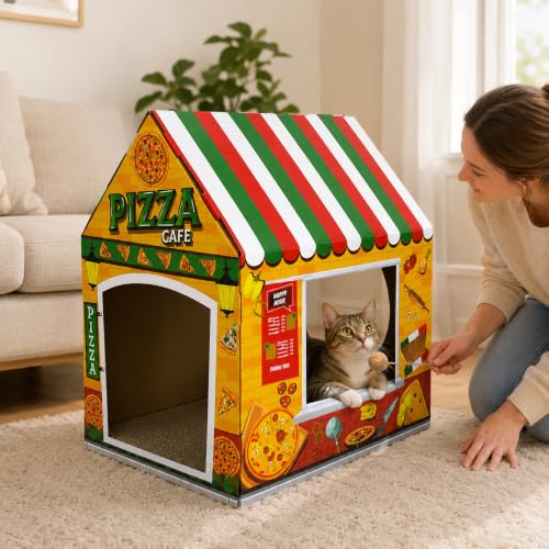 Cinrobiye Cardboard Cat House with Scratcher, Indoor Cat Condo Cat Cave Hideout with Scratch Pad, Cardboard Cat Playhouse Bed for Cats, Kittens, Rabbits & Small Pets (Pizza) - color: Pizza