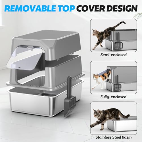XL Stainless Steel Litter Box with Lid, Enclosed Cat Litter Box,Front Entry | XL for Big Cats, High Sides Enclosed Design, Anti-Urine Leakage, Non-Stick Odor-Free, Easy Clean, Reduce Litter Tracking - color: 14 - Light Gray (Pack of 1)