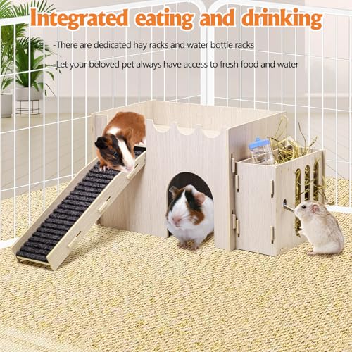 kathson Wood Guinea Pig Hideout Small Rabbit Hideout with Water and Hay Feeder Ramp, Easy to Assemble Wooden Hamster House for Small Animal Bunny Chinchilla Rat Hedgehog with 2xGuinea Pig Cage Liners