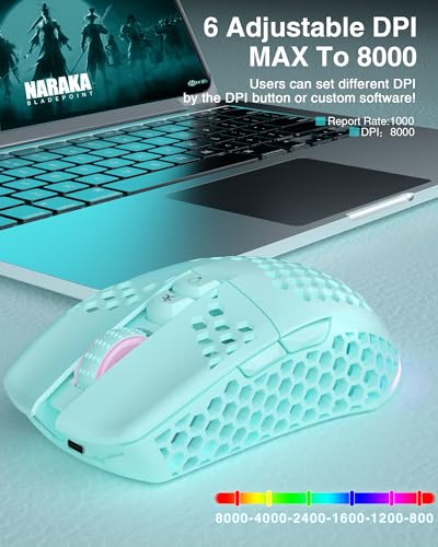 SOLAKAKA SM600 Honeycomb Shell Gaming Mouse Wireless,8000 DPI Tri-Modes BT5.1/2.4G Wireless/Type-C Wired Gamer Mouse with 2 Side Buttons, Macro Programmable and RGB Light for PC/Mac/Laptop,Green - color: green