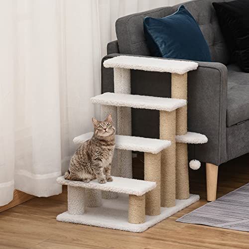 PawHut 4 Levels Cat Steps Pet Stairs Carpeted Ladder for High Bed White | Kitten Tree Climber, Scratching Posts, Hanging Play Ball, Side Step, for Sofa - color: White