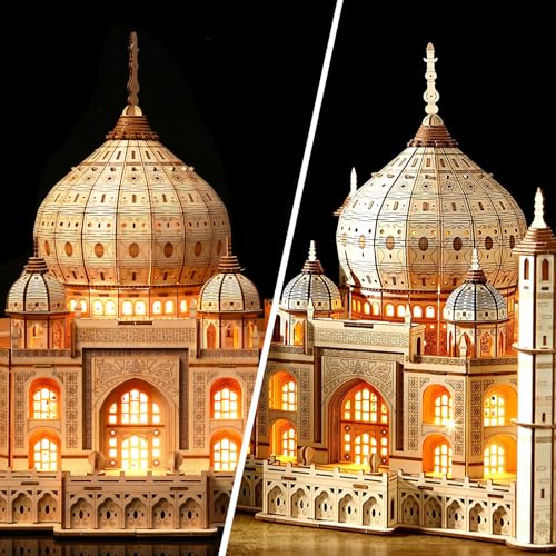 3D Wooden Puzzle for Adults, Taj Mahal Wood Model with Led Light, Self-Assembly Mechanical Building Kit Handicraft Brain Teaser Game Hobbies Toy, Birthday Gift for Women Men, Home Decor, 388 Pieces - style: Taj Mahal