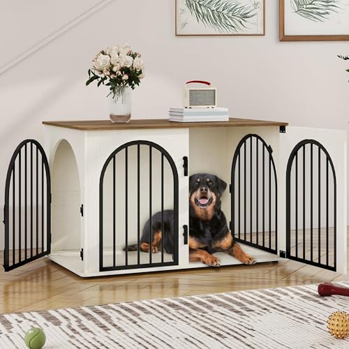 39.4" Wooden Dog Crate Furniture, Indoor Dog Kennel Dogs Cage for Small/Medium/Large Dogs, Heavy Duty Dog Crates Decorative Pet House End Side Table TV Stand, White Brown DFC84114B | Dog Kennel Furniture Wooden Dog Cage Heavy Duty Dog Crate Decorative Pet