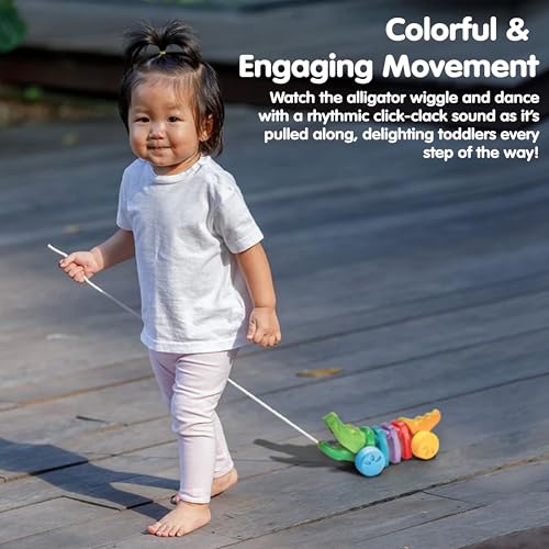 PlanToys® Rainbow Dancing Alligator Pull Toy for Toddlers | Eco-Friendly Wooden Toy with Click-Clack Sound | Walking Toy for Babies | click-clack sound, toddler pull toys, animal design, girls, boys, gross motor cause & effect learning gift idea for kids