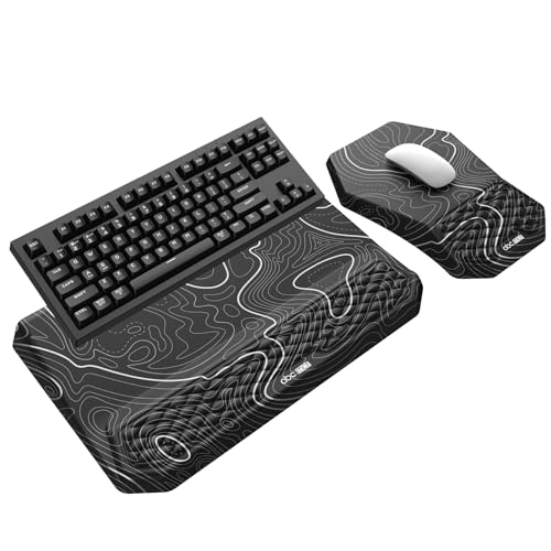 3-in-1 Ergonomic Keyboard Stand with Wrist Rest & Mouse Pad Set,Topographic | Comfy Keyboard Riser Holder Soft Mousepad with Massage Design, Memory Foam and Non-Slip PU Base for Pain Relief - color: Black Topographic