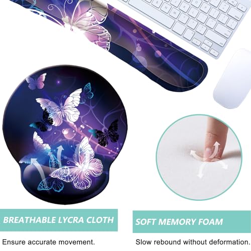 Keyboard Wrist Rest Pad Mouse Pad with Wrist Support Set of 3, Mousepad with Non-Slip Rubber Base, Ergonomic Memory Foam Mouse Wrist Cushion Support for Home Office Laptop Computer Gaming, Butterfly - color: Butterfly