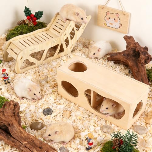 2 Pcs Hamster Hideout Set House and Tunnel, Wooden Exploring Tunnel with Ladder, Small Animal Playground Exploring Toys for Rats, Syrian Hamsters, Gerbils, Guinea Pig(Style2) - color: Style2