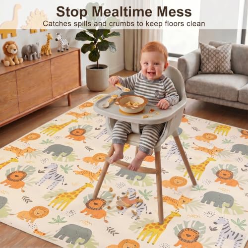 Basumee Splat Mat for Under High Chair, Waterproof & Mess-Proof Floor Mat | 46"×42" Baby Splash Mat, Non Slip Bottom, 4-Layer Fabric, Food & Liquid Catcher, Machine Wash for Boy Girl, Meals, BLW, Craft - color: Beige Savanna Animals, size: 46x42 Inches