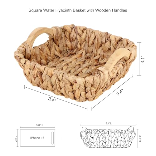 Square Small Water Hyacinth Wicker Basket for Organizing | Decor Woven Storage with Wooden Handles, Perfect for Shelves, Snack, Countertops or as Gift Basket