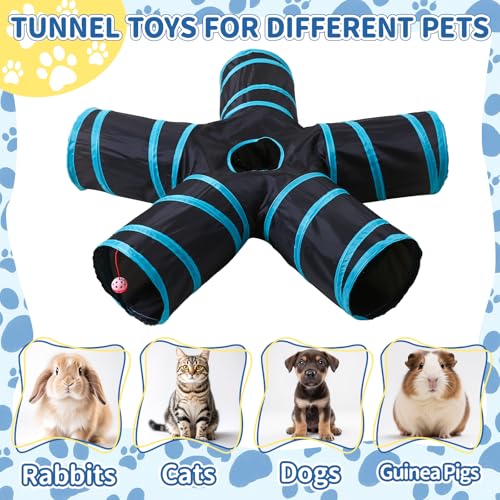 Pet Cat Tunnel, 5 Way Tunnels for Indoor Cats, Collapsible Pet Tunnel for Kitten, Puppy, Rabbit, 25cm-Wide Tunnels, Durable & Breathable, with Peek Hole Toy Ball - color: 5-way & Black/Blue