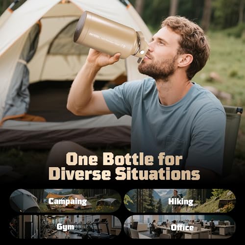 ONETIGRIS 64oz Tactical Insulated Water Bottle with 3 Lids & MOLLE Pouch | 48H Cold and 24H Hot Double Wall,304 Stainless Steel Wide Mouth,BPA Free Leakproof Silicone Seal，Paracord Handle Easy Carry - color: Brown