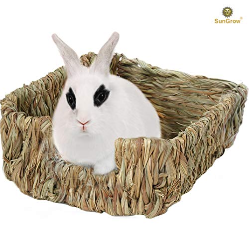 SunGrow Portable Grass Bed for Rabbits, Handmade and Washable Basket, Chew Toy, Easy to Dry, Sleeping, Chewing, Nesting Pad, Small Animal Bunny Bedding