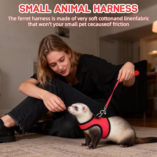 2pcs Animal Harness and Leash, Ferret Harness No Pull Mesh Black Red,S | Soft Mesh Comfort, Bell for Outdoor Walks, Velcro Easy-On Fit, 4.4 ft Leash, for Baby Ferrets, Rats and Guinea Pigs - color: black+red, size: Small (Pack of 2)