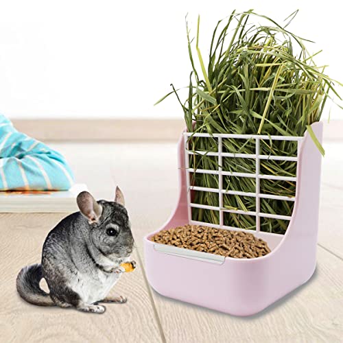 Litewoo Rabbit Hay Feeder Food Bowl Feeding Rack for Small Animal Guinea Pig Chinchilla Bunny Cage Accessories | Bunny food bowl & hay rack, durable plastic, chew-resistant, for small animal/chinchilla/cage, 5.9x6.7x7.09in, easy to clean - color: Pink