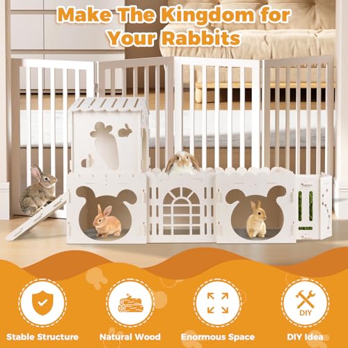 Extra Large Rabbit House, Wooden Bunny Castles with 4 Houses and Hay Feeder, Indoor Guinea Pig Castles Multistory Climbing Tower, Sturdy Wooden Bunny Cage Indoor, Small Animal Pet Rabbit Habitat - size: 4 Houses with Feeder