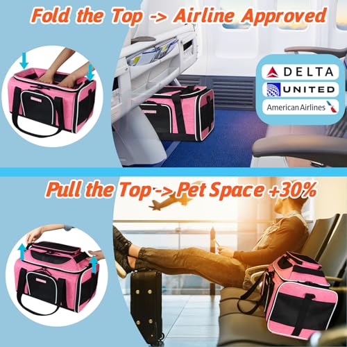 Top-Expandable Small Pet Carrier 18"x11"x11" Airline Approved | for Delta/American/United Airlines, Lockable Safety Zippers and Anti-Scratch Mesh, Soft-Sided, Pets Under 10 Lbs, Pink - color: Pink, size: 18.0"L x 11.0"W x 11.0"H