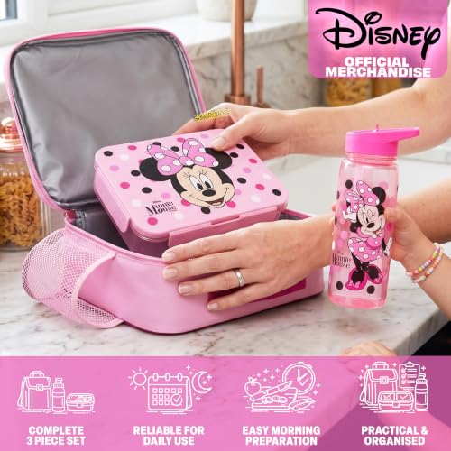 Get Trend Disney Minnie Mouse Girls Lunch Bag, Bento Box & Water Bottle Set | Insulated Lunch Bag, 3 Compartment Lightweight Snack Box, 22 fl oz BPA-Free Water Bottle with Straw, School, Gifts for Girls - color: Pink Minnie