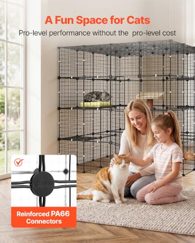VEVOR Cat Cage 4-Tier 55"x55"x55" Large DIY Cat Playpen Indoor Enclosure, Detachable Metal Wire Kennel Crate with 3 Doors & Locks, Exercise Place Ideal for 2-3 Cats, Kittens and Small Animals, Black - size: 55.0"L x 55.0"W x 55.0"H