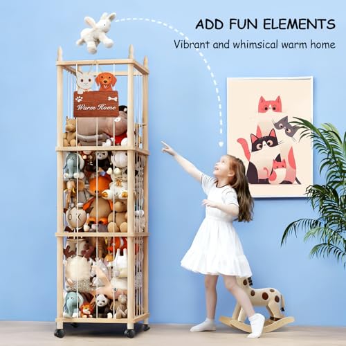 Large Stuffed Animal Storage with Cat & Dog Design, Wooden Stuffed Animal Zoo, Rolling Stuffed Animal Holder, Toy Storage Cage, Plushies Storage for Playroom Bedroom