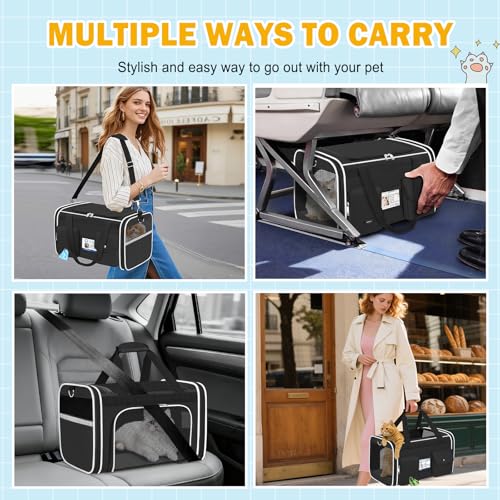 HUANLANG Large Cat Carrier Soft Sided Travel Pet Carrier Airline Approved | Dog Carriers for Small Dogs Medium Cats,Collapsible,3 Storage,zipper lock,Reflective strips,Luggage Strap,Up to 15 Lbs, Black - color: Black 1