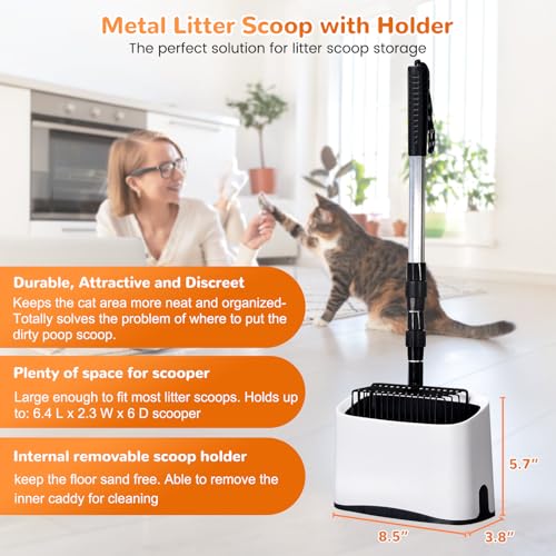 Metal Cat Litter Scoop with Holder, 43" Extendable Long Handle Cat Scooper for Litter Box, Solid & Durable, Deep Shovel for Fast Sifting, Large Pet Pooper Scooper for Kitty/Outside Dog Poop - size: Long Handle
