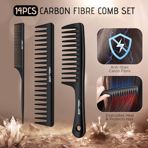 SALONSILK Women Hair Comb Set - 14PCS Wide Tooth Rat Tail Styling Combs Pick for Curly - Teasing Parting Fine Professional Barber Cutting Braiding Set - color: Black-14 PCS