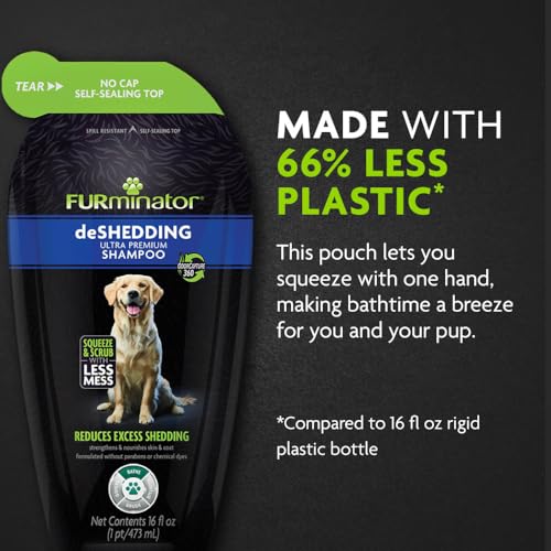 FURminator Ultra Premium deShedding Shampoo for Dogs, 16 oz Pouch | Self-Sealing Spill Resistant Pouch, Reduces Excess Shedding, Helps Remove Wet Dog Smell, No Parabens or Dyes, Fresh Scent - size: 16 oz, style: Pouch Shampoo