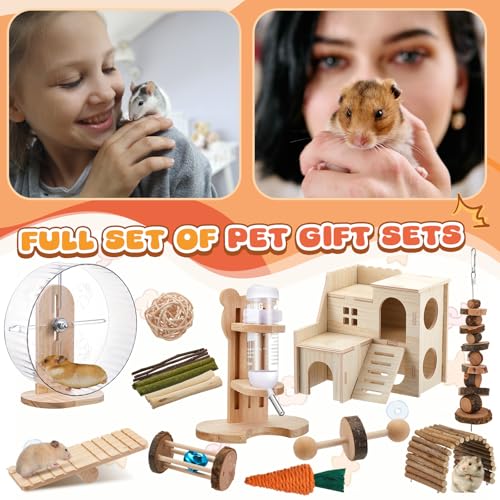 18 Pcs Hamster Cage Accessories Silent Hamster Wheel 15 Toys Set | Maze Wood House and Water Bottle Set for Rat Mice Small Animals Habitat Decor Enrichment Starters(Fun Interactive Style) - style: Fun Interactive Style