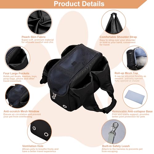 Small Dog Purse Carrier for Puppy Cats Yorkie Chihuahua,Up to 15lbs | Soft-Sided Pet Tote Bag with 4 Large Pockets, Lightweight, Foldable, for Travel Outings Vet (15.4"L×7.9"W×11.8"H, Black) - color: Black