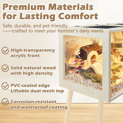 Prolee Hamster Cage with Curved Design,Chew Proof Wooden Hamsters Enclosure with Leg Stand and Openable Top or Gerbils,Hamster Habitat - size: 40.0"L x 20.0"W x 20.0"H
