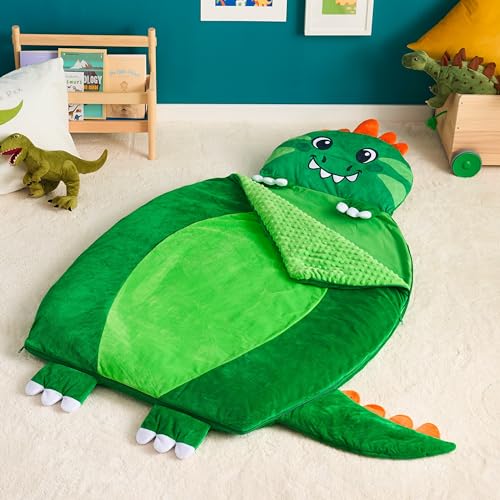 JOIEDOMI Kids Sleeping Bag 4 5 6 Year Old Girl Gifts Toddler Nap Mat with Pillow & Blanket 60" x 39" for Kids Ages 3+ Soft Plush Sleeping Mat for Preschool and Boys Girls - color: Green Dinosaur