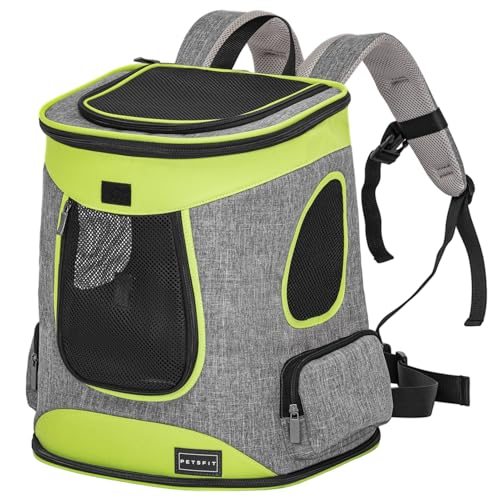 Petsfit Pet Backpack Carrier Easy-Fit Dog Travel Backpack Carrier for Hiking Walking Cycling Suitable for Small Medium Dogs Cats and Rabbits up to 22 Pounds, Green | 13.5 x 12.5 x 17.5 in; reinforced frame, 600D Oxford, 4 mesh panels, lockable zippers, sa