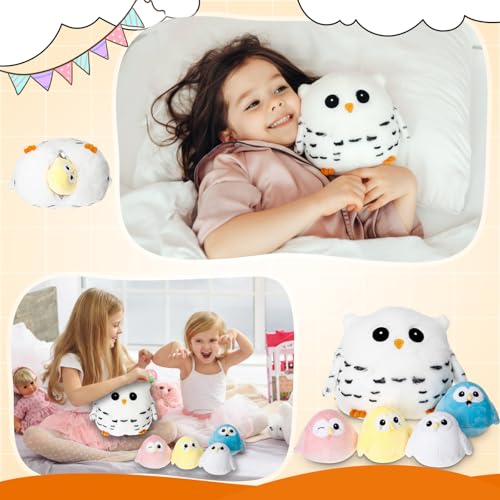 Hollowfly 5 Pcs Snowy Owls Plush Toy Gift Set 9.5" Mommy Owls with 4 Cute Pastel Babies Stuffed Animal in Zippered Butt Nurturing Plushies Toy Set for Kid Adults Birthday Party Favors Gifts - style: Colorful Owls