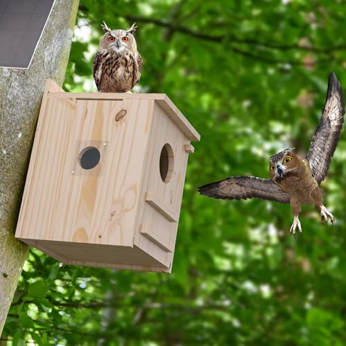 Solar-Powered Smart Owl House with Camera - Outdoor Hanging Wooden Nesting Box, Real-Time View & Motion Detection, for Garden for 2.4g WiFi Coverage Area, for Owl Lovers - style: Smart owl house