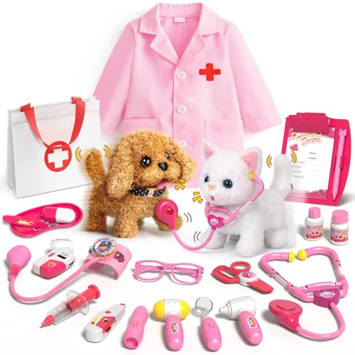 Eohemeral Pet Vet Kit for Kids with 2 Plush Pets (Dog&Cat) &Doctor Costume | 36Pcs Interactive Veterinarian Playset for Toddlers 3-5 to Overcome Fear of Doctors- Pretend Play Animal Hospital Toy Gift