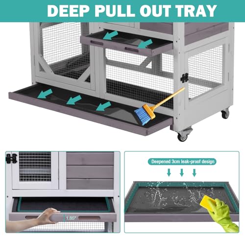 Rabbit Hutch Indoor for 2-4 Rabbits & Guinea Pigs，Bunny Cage with Slide-Out Plastic Trays，Wooden Small Animal Cage for Rabbits, Bunnies, and Guinea Pigs - color: (Grey-AIR7013)