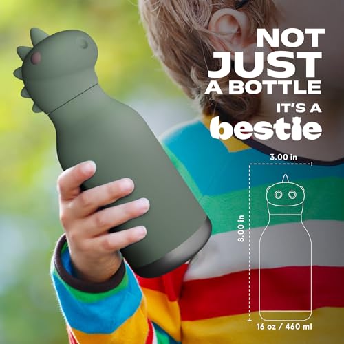 asobu Bestie Water Bottle, Cute Collectible Character, Leak Proof, BPA Free | 16 oz, Stays Cold 24 Hours, Double Wall Vacuum Insulation, Food Grade Stainless Steel, Spill Resistant, Great Gift Idea - color: Dino