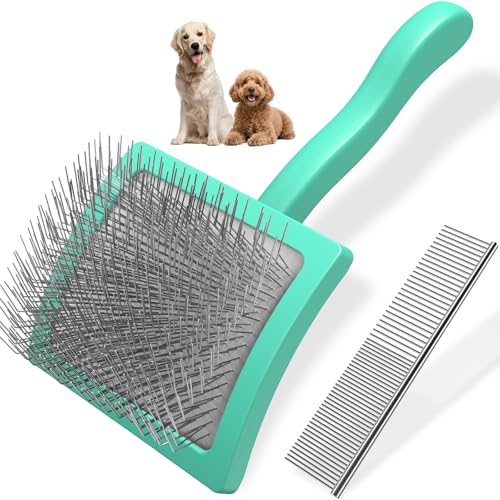 2PCS Slicker Brush for Dogs & Pet Comb,Professional Dog Grooming Brush (Goldendoodles,Poodles,Labradoodles) with Extra Long Pins to Effectively Remove Tangles, Knots and Mats (Cyan, Large) - color: Cyan, size: Large