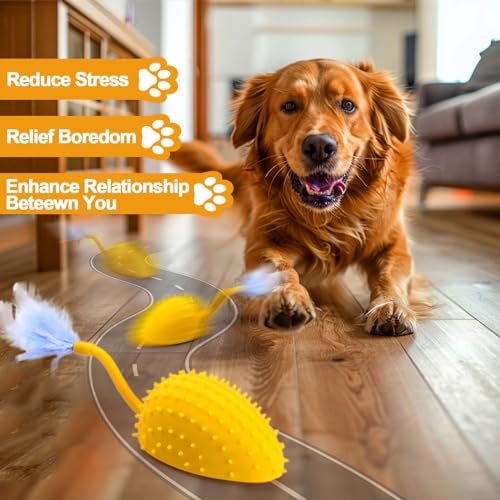Silicone Interactive Dog Toys, Mouse Moving Dog Toy with Automatic Sensor | Dog Mouse Toy with Sound & Feather Tail, Automatic Dog Toy for Cats Dogs Pet, Squeaky Dog Toys Remote Control Yellow - color: Lemon Yellow