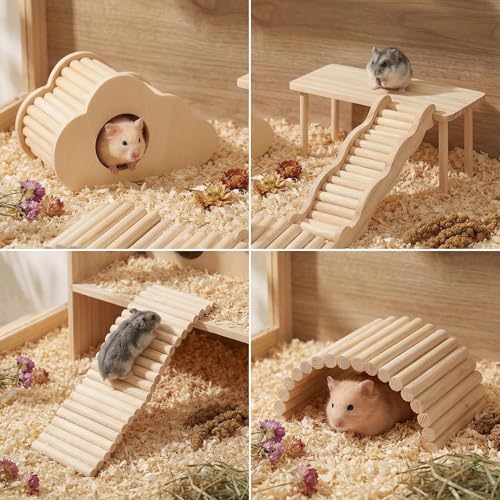 Hamster Platforms Wooden Ladder Bendy Bridge Fence Hidden Play House | Hamster Game Climbing Toy with Platform Decor Cage Accessories for Dwarf Syrian Mice Degus Gerbils Squirrel Small Pets - color: 4 Pcs-1