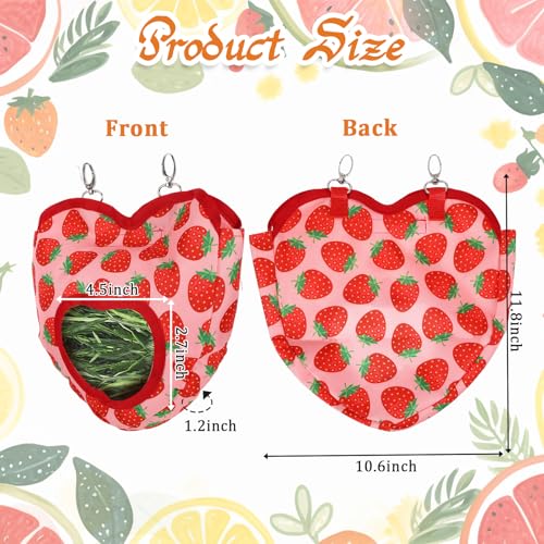 Rabbit Hay Feeder, 1 Hole Hanging Hay Bag for Rabbits Guinea Pig Bunny Chinchillas Washable Rabbit Hay Holder 10.6x11.8inch - color: heart strawberry