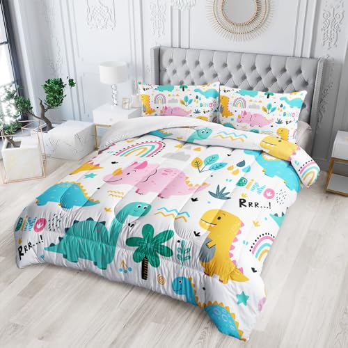 Nttopship Cute Cartoon Dinos Comforter Sets Queen Size for Kids, Cartoon Dinosaurs and Rainbows Comforter Sets All Season 1 Comforter and 2 Pillowcases - color: Cartoon Dinos, size: Queen