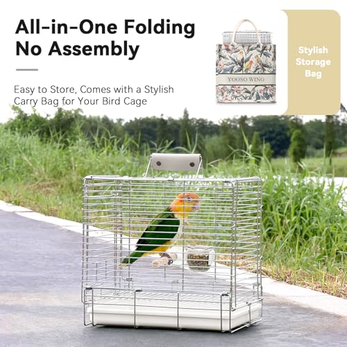 Bird Carrier Travel Cage - 304 Stainless Steel Portable Folding Bird Travel Cage with Parrot Feeder Cups & Standing Perch for Smaller Birds Conures Lovebird Cockatiel Parakeets (White) | 304 Stainless Steel, Portable Folding, Parrot Feeder Cups & Standing
