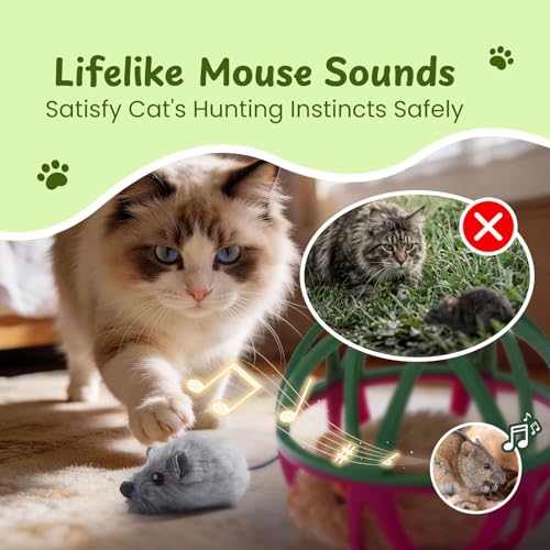 Cat Toys for Indoor Cats - Interactive Ball Cage Cat Toy with Realistic Mice Sounds & 2 Catnip Plush Toys, Motion-Activated Hunting Simulation Toy for Cats - color: Gray
